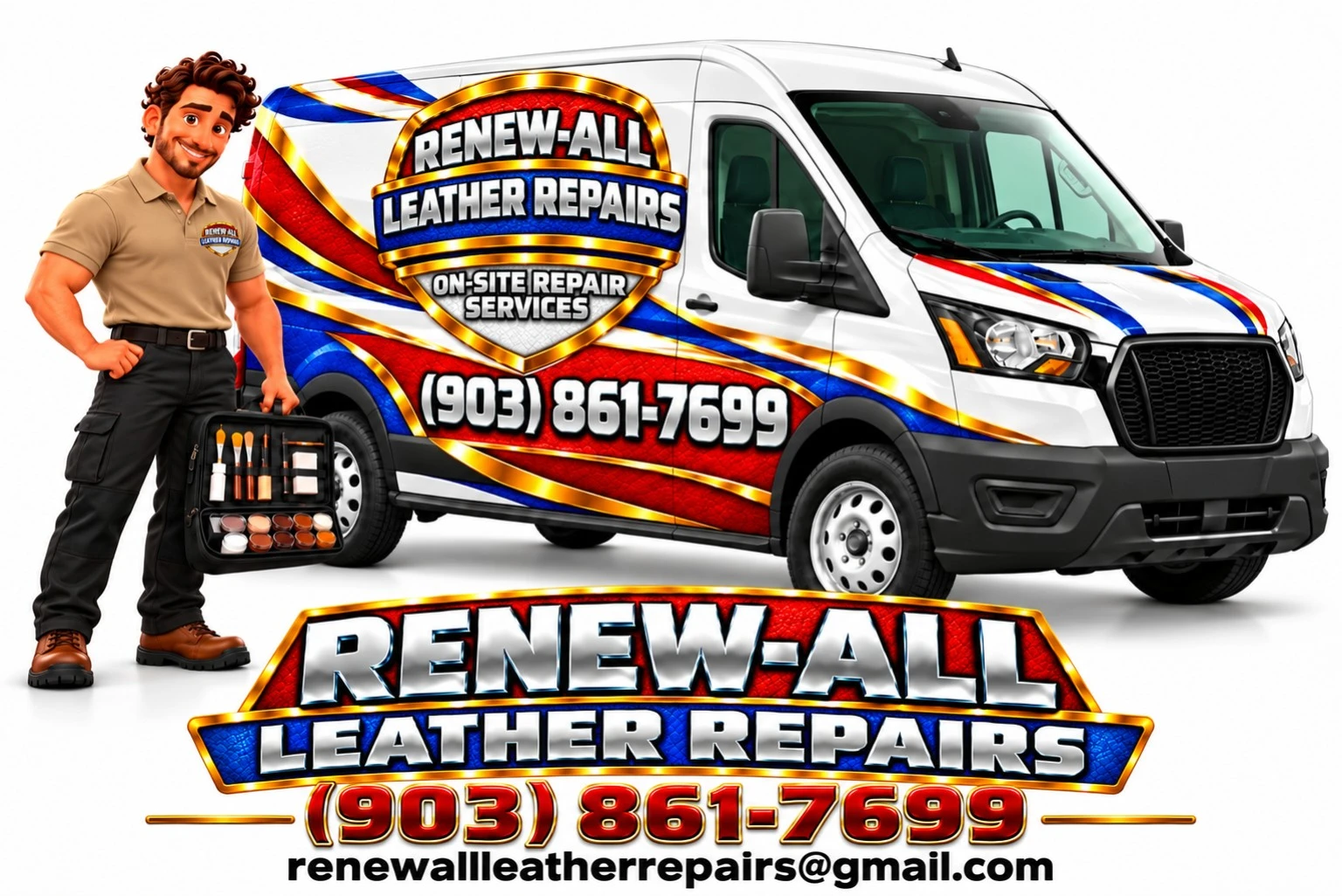 RENEW-ALL technician in a tan shirt and black pants beside the branded service van